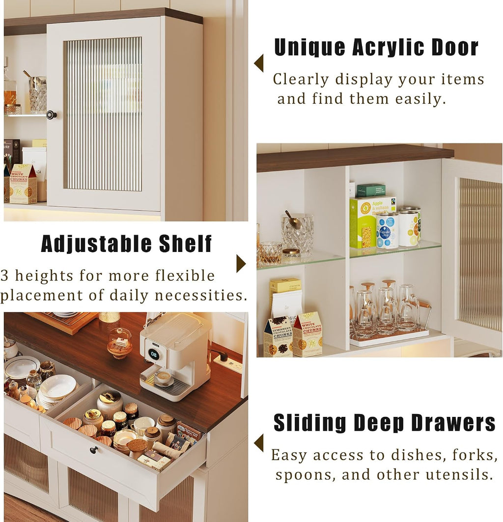 HUAHUU 71' Kitchen Pantry Cabinet with Lights & Acrylic Doors, Pantry Storage Cabinet with Microwave Stand, Kitchen Hutch Food Cabinets with Charging Station, Adjustable Shelves, White