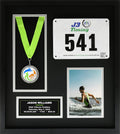 Runners/Sports Pro Display Frame for Medal Award, Racing Bib/Other, Photo & Printed Graphic Info Insert for Marathon Event, 10K, 5K, Triathlon, Biking, Swimming & Other Sport, Academic, Artistic, etc. Achievements (Black/Silver Mats)