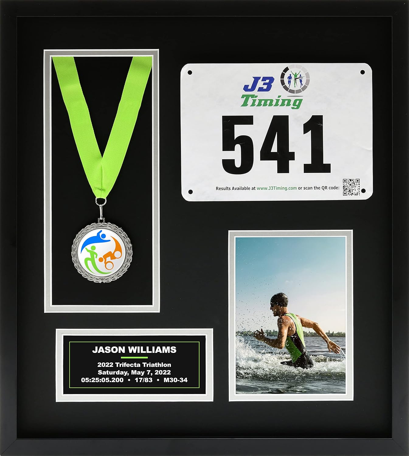 Runners/Sports Pro Display Frame for Medal Award, Racing Bib/Other, Photo & Printed Graphic Info Insert for Marathon Event, 10K, 5K, Triathlon, Biking, Swimming & Other Sport, Academic, Artistic, etc. Achievements (Black/Silver Mats)