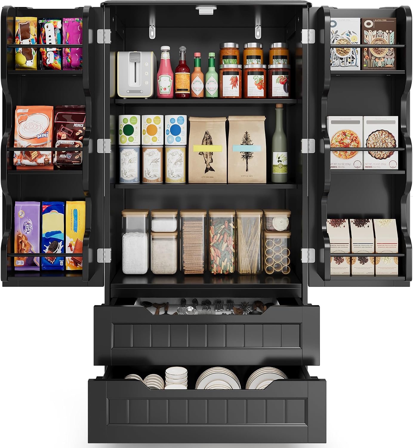 Gizoon Kitchen Pantry Cabinet with Drawers, 47' Small Food Pantry Storage Cabinet with 6 Door Shelves for Snack and Spice, Freestanding Craft Storage Cabinet for Craft Room, Black, Painted