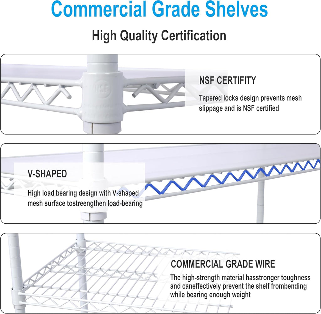 Heavy-Duty 6-Tier NSF Commercial Shelving Unit - 6000LB Capacity Adjustable Metal Storage Rack with Wheels, 84' H x 48' L x 20' D, Steel Wire Shelving for Warehouse/Garage/Restaurant (White)