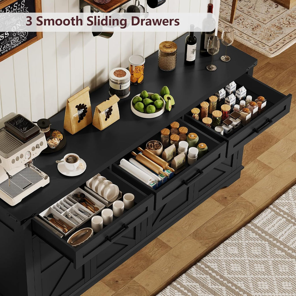 usikey Buffet Cabinet, 61' Large Sideboard Buffet Storage Cabinet with 3 Drawers, Farmhouse Coffee Bar with 4 Doors, for Kitchen, Living Room, Black