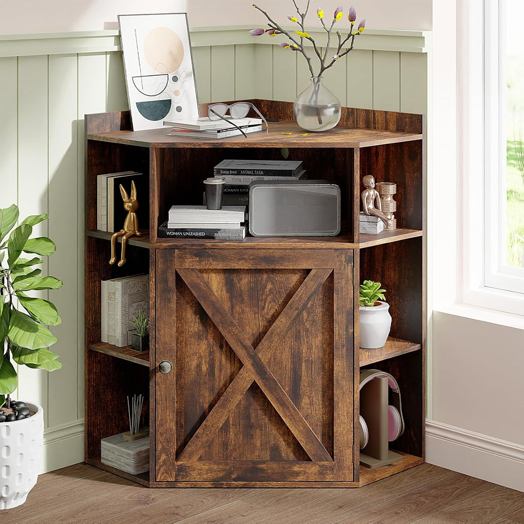 Vabches Corner Cabinet, Corner Storage Shelf with USB Ports and Outlets Industrial Organizer for Small Space Wooden 6-Cubby Bookshelf for Study, Playroom, Living Room (Amber Pine)
