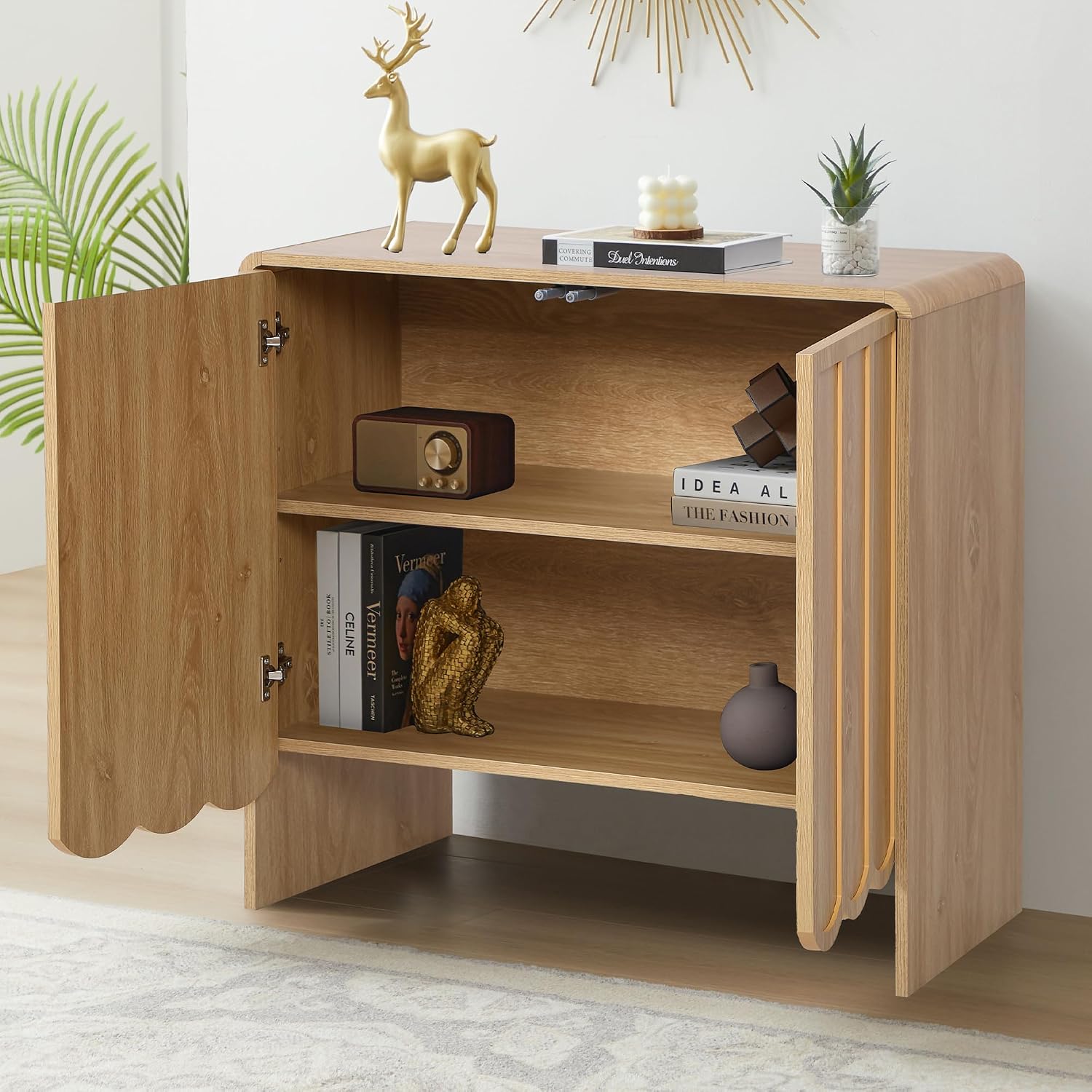 ORRD Sideboard Buffet Cabinet Set of 2, Accent Storage Cabinet with 2 Doors, Farmhouse Wood Cabinet with Adjustable Shelves and Wave Panel for Living Room, Dining Room, Entry - Natural