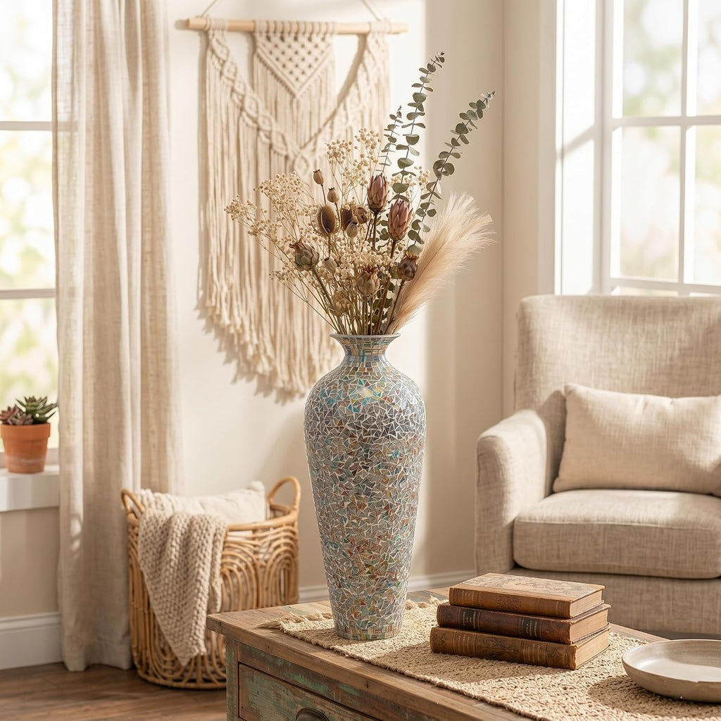 20 Inch Mosaic Floor Vase – Tall Handmade Iron Boho Vase with Rainbow Multicolor Glass Tile | Decorative Centerpiece for Living Room, Bedroom, Entryway | Dried Flower & Pampas Grass Holder