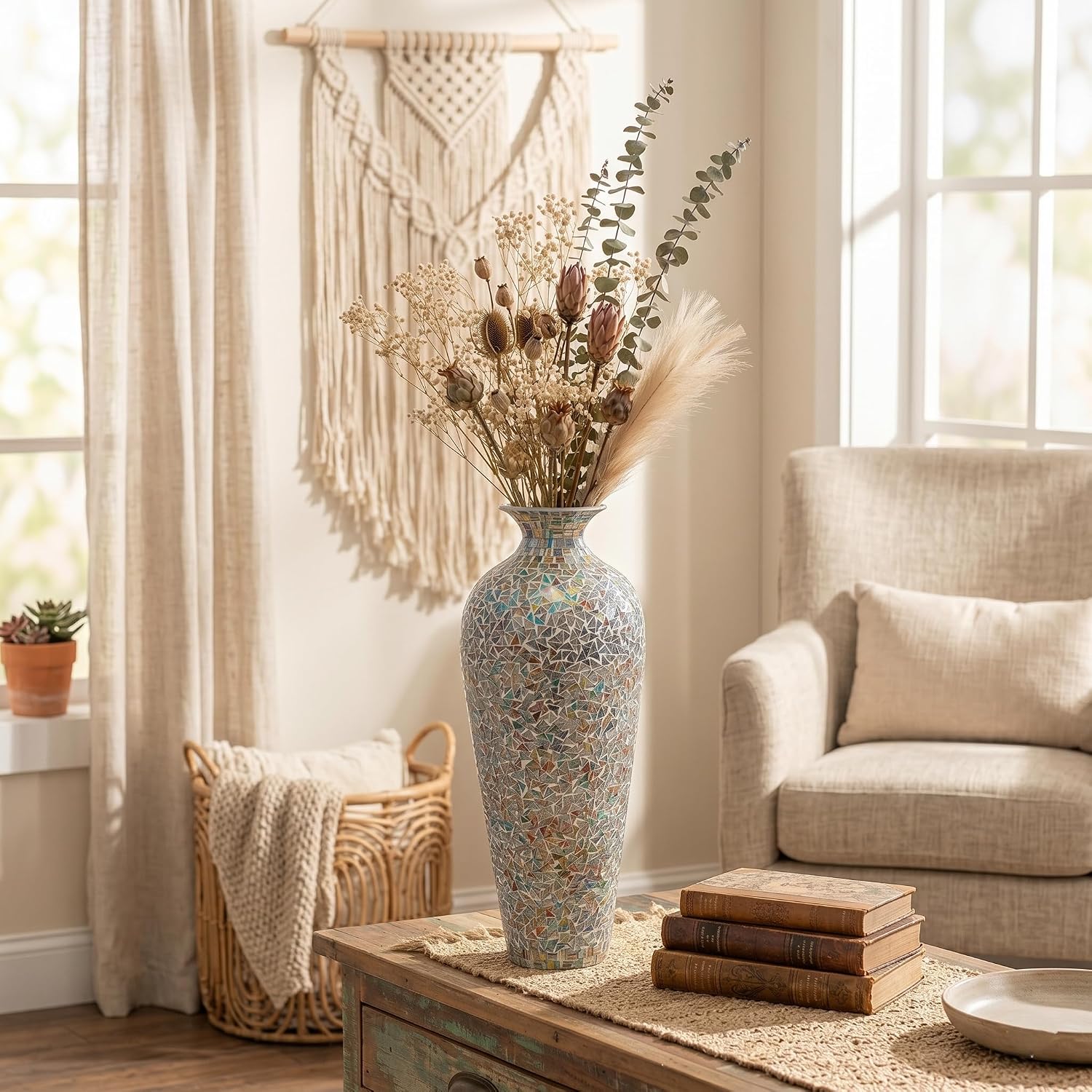 20 Inch Mosaic Floor Vase – Tall Handmade Iron Boho Vase with Rainbow Multicolor Glass Tile | Decorative Centerpiece for Living Room, Bedroom, Entryway | Dried Flower & Pampas Grass Holder