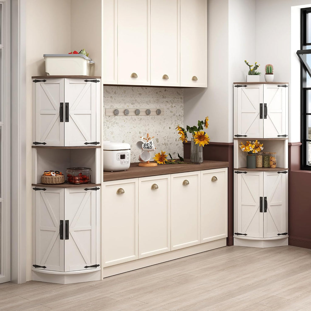 Vabches 64.8' Tall Farmhouse Corner Cabinet with 4 Doors and 5 Storage Shelves, Farmhouse Storage Cabinet with Barn Door Design, Home Space Saver for Living Room, Kitchen, Laundry Room,White