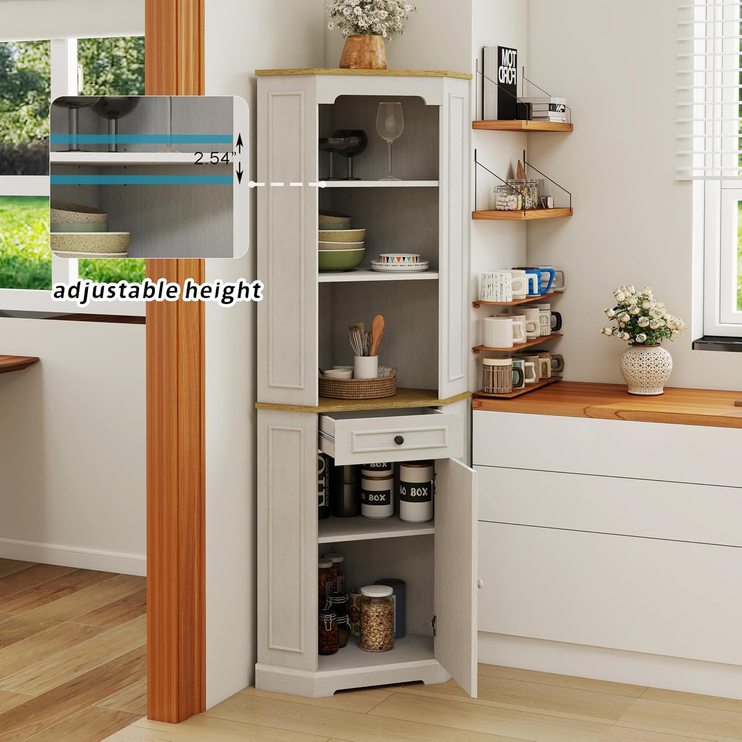 RASOO 68.11' Farmhouse Corner Cabinet, Tall Five-Sided Pentagonal for Kitchen，3-Tiers Open Shelf and one Drawer and Door Corner Storage Hutch Cabinet for Living Room, Bathroom and Dining Room
