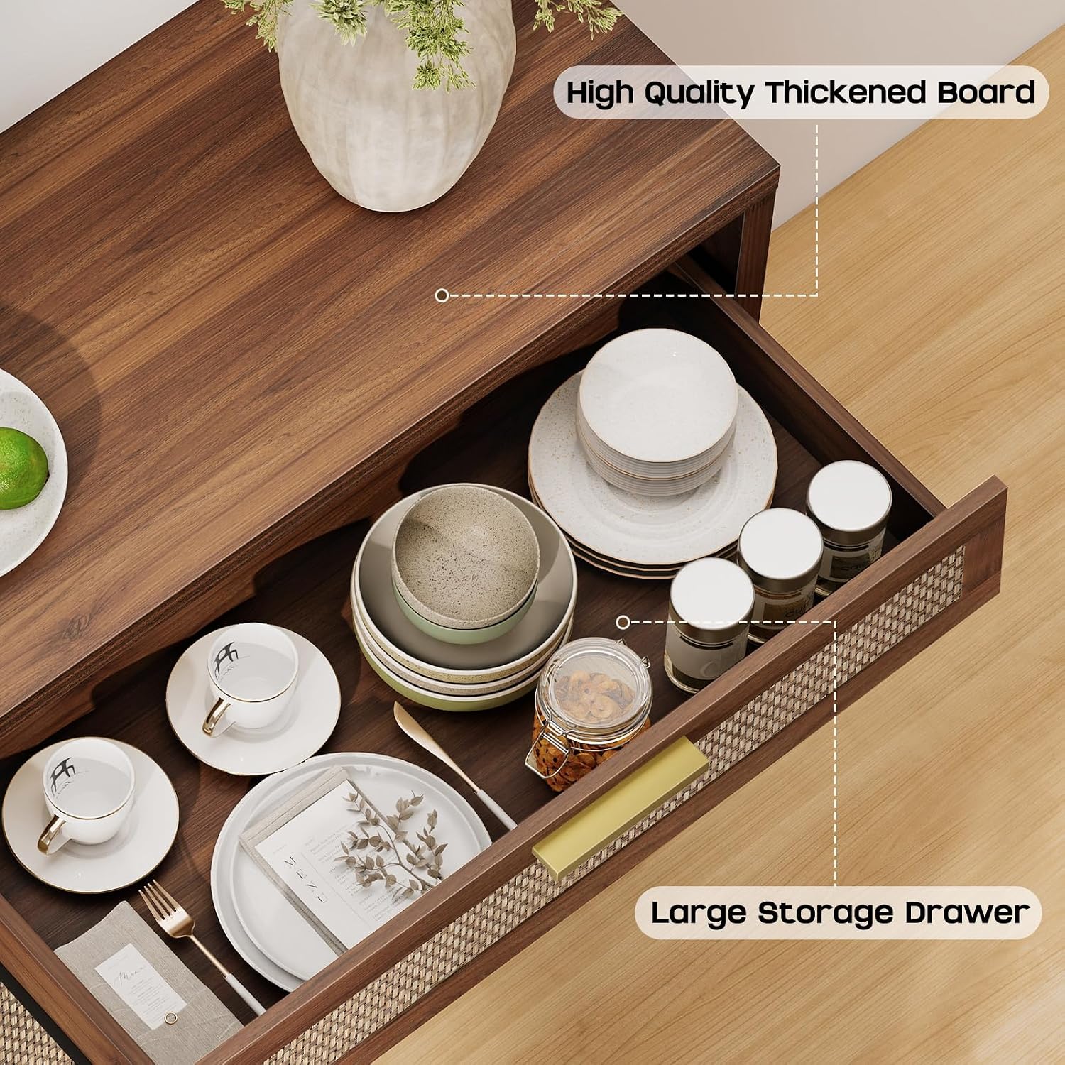 Rattan Buffet Cabinet with Storage, Sideboard Cabinet with Doors and Shelves, Accent Coffee Bar with Drawers, Farmhouse Kitchen Storage Cabinets, credenza for Entryway, Living Room Walnut