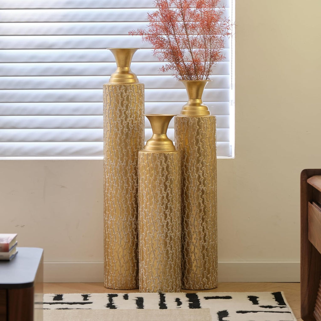 Floor Vases Decorative Tall - 34/29/25in Metal Extra Large Decorative Vase Set of 3, Gold Tall Floor Vase for Home Decor, Living Room Entryway Decor Dining Bedroom Home Corner Indoor Office