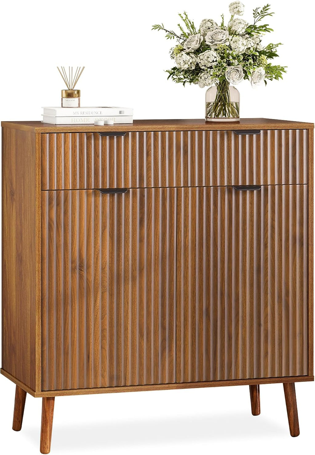 LYNCOHOME Fluted Sideboard Buffet Cabinet with Storage, 1 Drawers and 2 Doors,Solid Wood Feet for Kitchen, Hallway