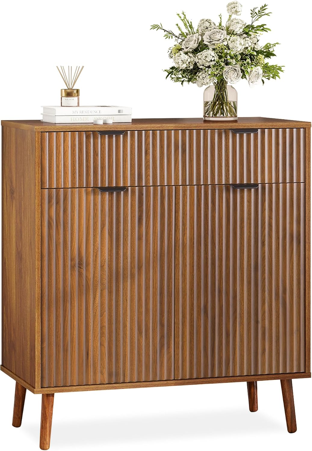 LYNCOHOME Fluted Sideboard Buffet Cabinet with Storage, 1 Drawers and 2 Doors,Solid Wood Feet for Kitchen, Hallway