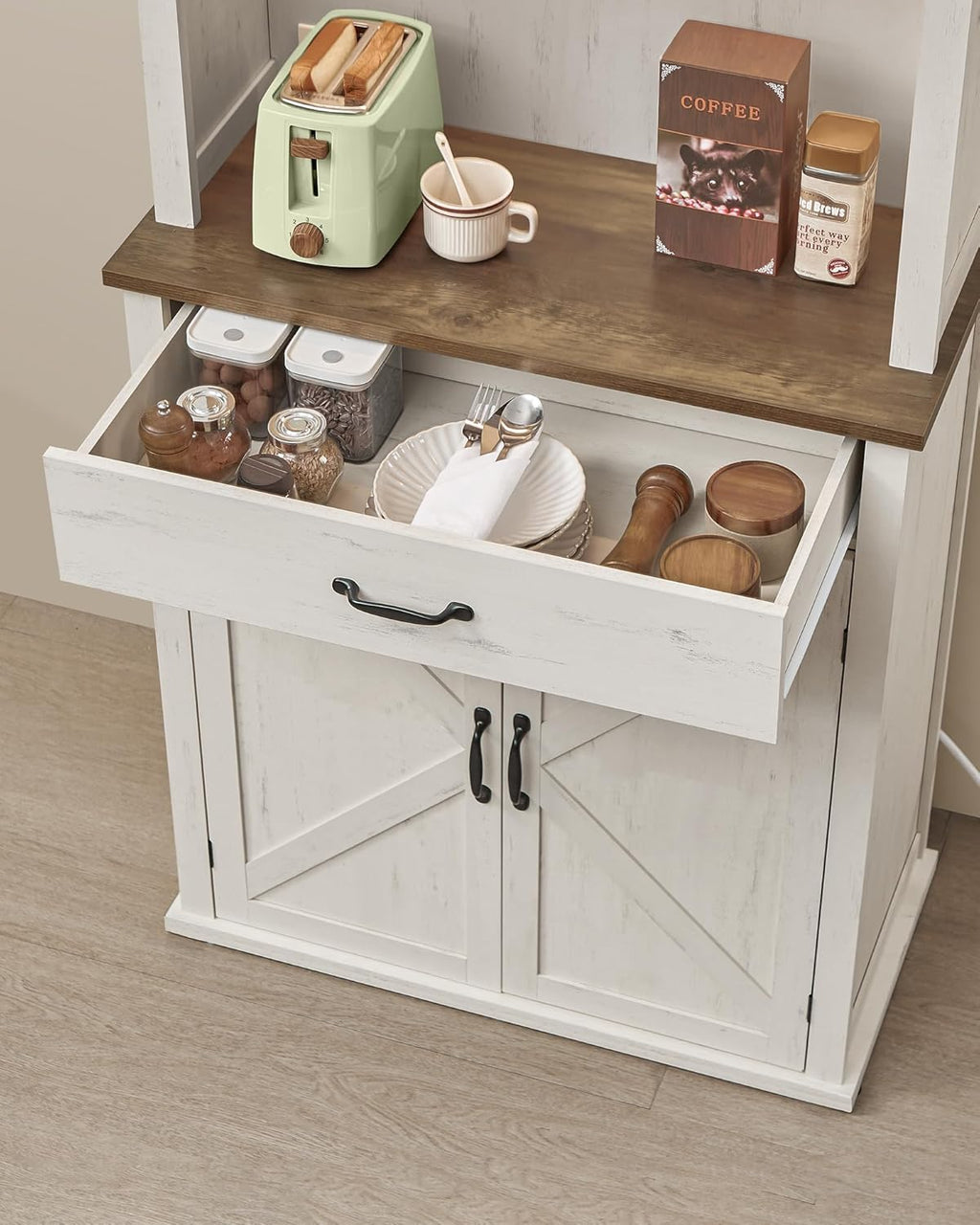 VASAGLE LIRY Collection - 71-Inch Tall Kitchen Pantry Cabinet with Lights and Charging Station, Coffee Bar Cabinet with Doors and Drawer, Farmhouse Style, Adjustable Shelves, Rustic White UBBK363W12