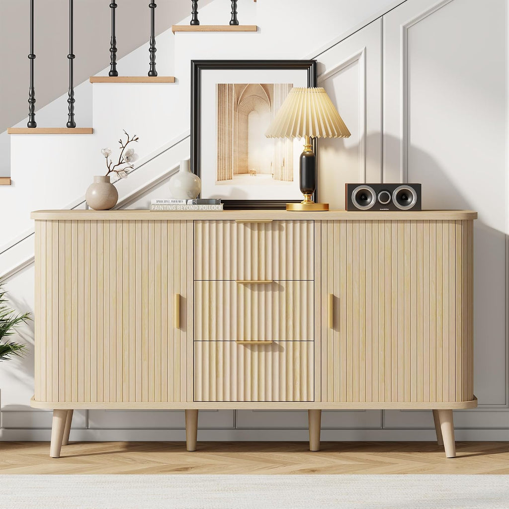 Lulive Natrual Buffet Cabinet, 55' Wide Sideboard Buffet Storage Cabinet with Rolling & Sliding Doors, Modern Bar Cabinet for Kitchen & Dining Room