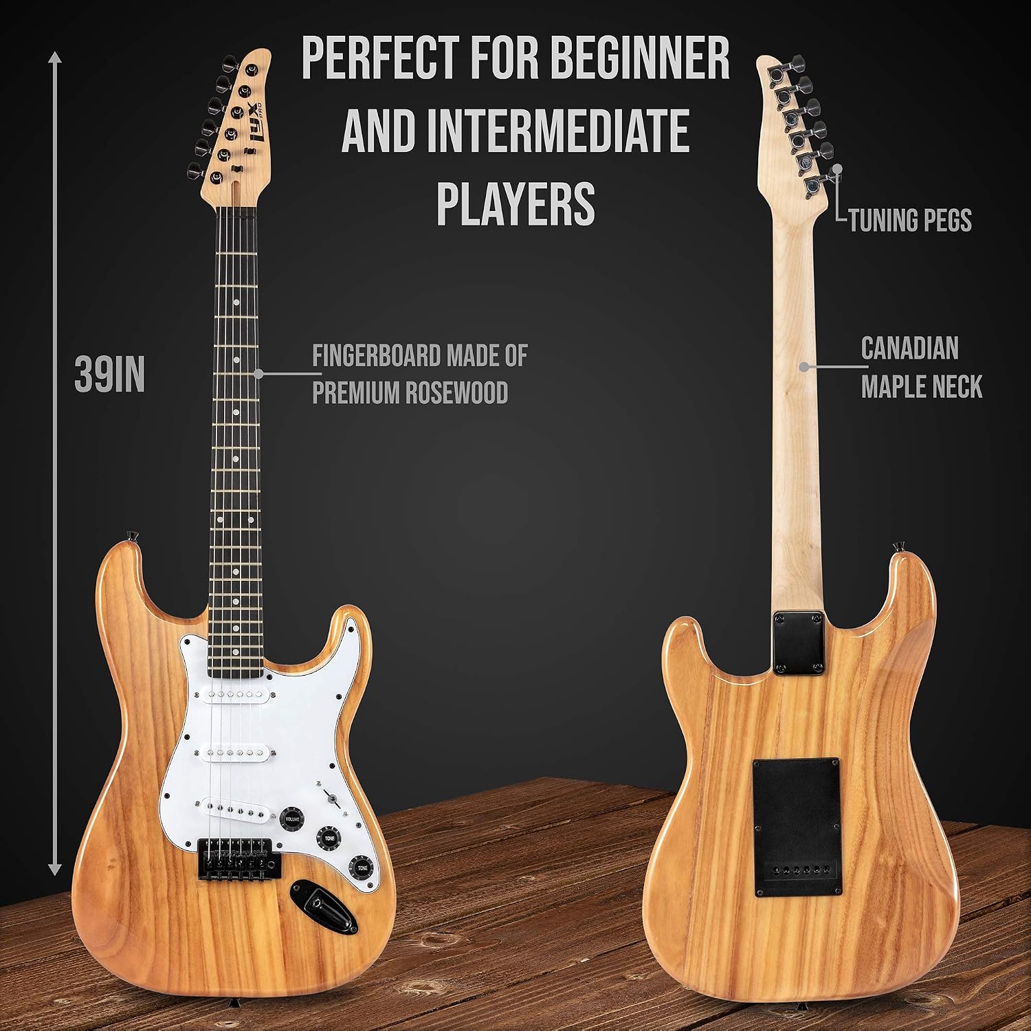 LyxPro Electric Guitar 39' inch Full Beginner Starter kit Full Size with 20w Amp, Package Includes All Accessories, Digital Tuner, Strings, Picks, Tremolo Bar, Shoulder Strap, and Case Bag - Natural
