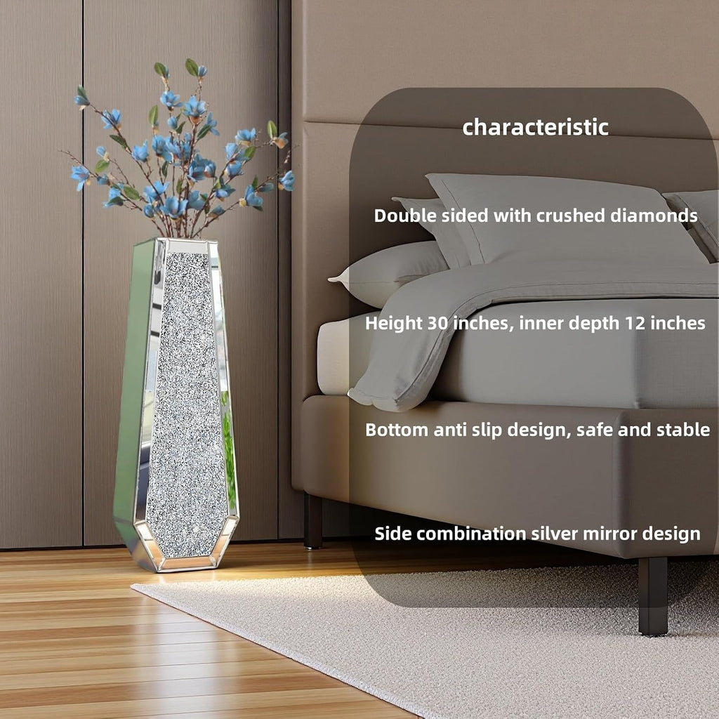 30' Large Double Sided Crushed Diamond Floor Vases,Tall Silver Mirrored Crystal Vase for Floor, Floor Vases Decorative Tall for Home,Office,Hotel (Silver,10.6' L x 5.3' W x 30' H)