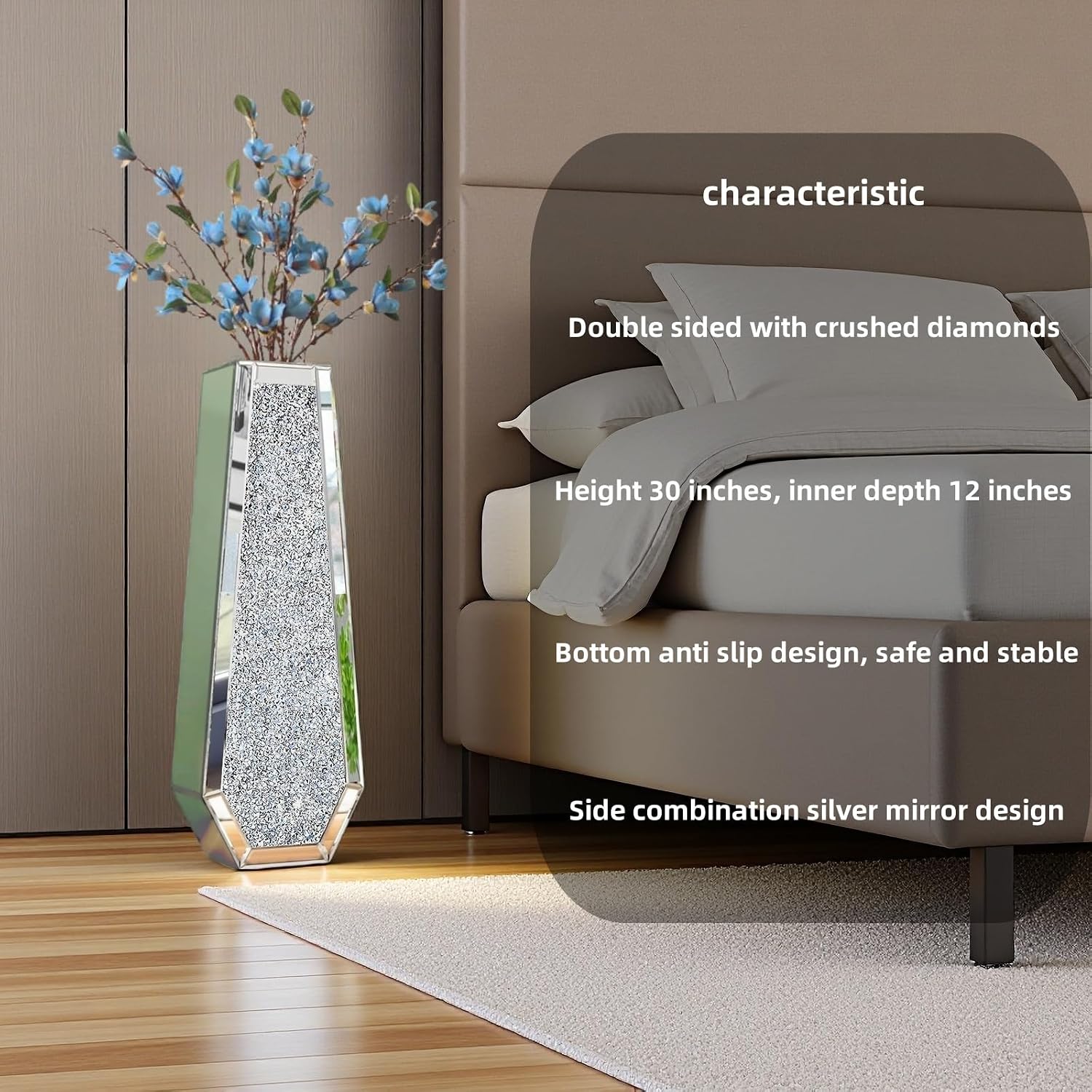 30' Large Double Sided Crushed Diamond Floor Vases,Tall Silver Mirrored Crystal Vase for Floor, Floor Vases Decorative Tall for Home,Office,Hotel (Silver,10.6' L x 5.3' W x 30' H)