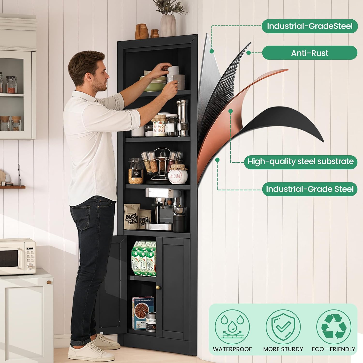 Tall Corner Cabinet,71' Waterproof Metal Corner Cabinet for Bathroom, Corner Storage Cabinet with 4 Adjustable Shelves & Quiet Close Door,Home Space Saver for Kitchen,Living Room,Pantry