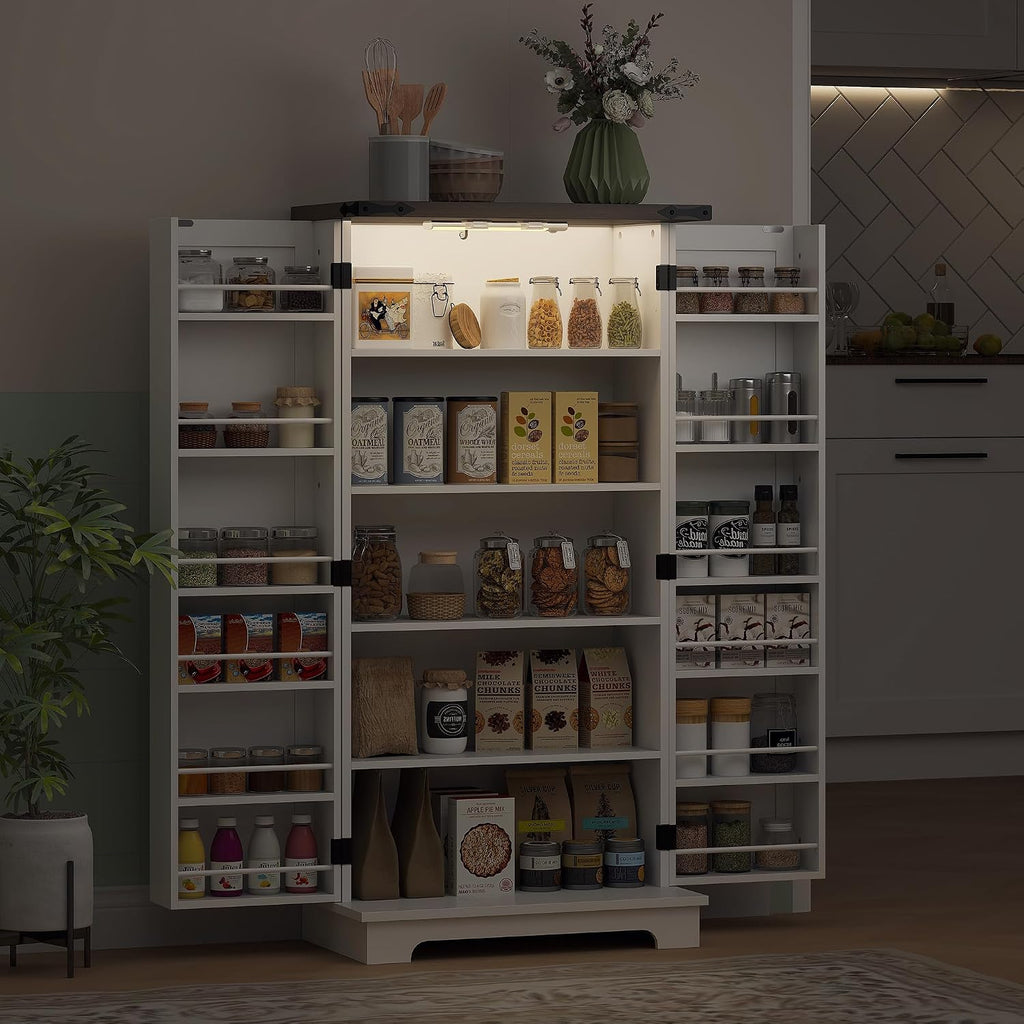 HOMCOM 47' LED Kitchen Pantry Cabinet, Farmhouse Storage Cabinet with 5 Deep Shelves and 12 Door Shelves, Freestanding Food Pantry with Barn Door, White