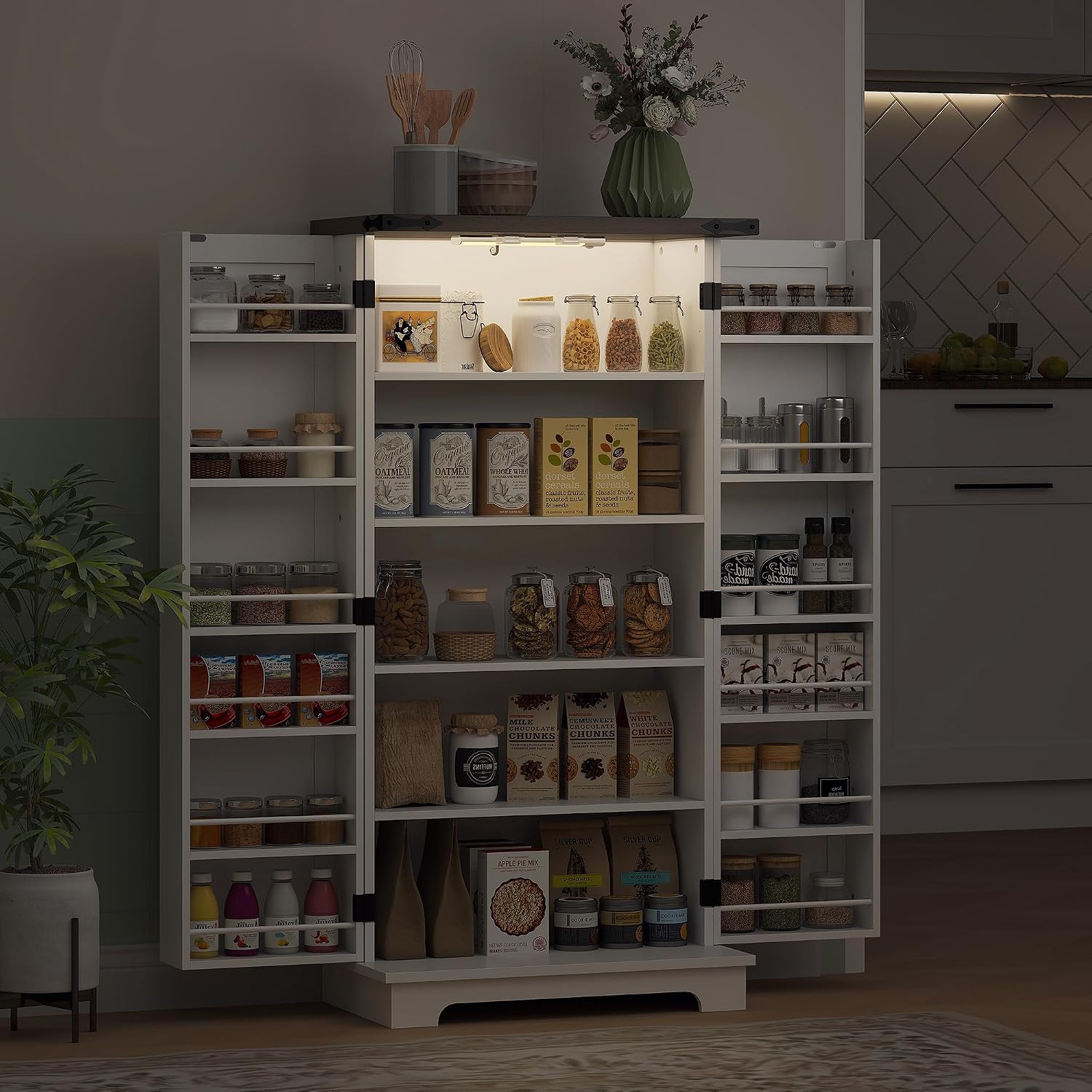 HOMCOM 47' LED Kitchen Pantry Cabinet, Farmhouse Storage Cabinet with 5 Deep Shelves and 12 Door Shelves, Freestanding Food Pantry with Barn Door, White