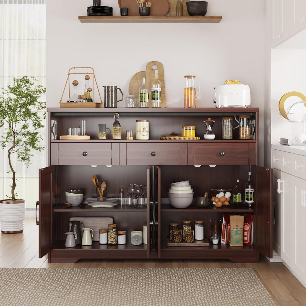 51' Dark Brown Buffet Sideboard Cabinet, Farmhouse Storage Cabinet Kitchen Pantry with Shelf and Drawers, Wood Cupboard Hutch Cabinet, Coffee Bar Station Table for Kitchen, Living Room, Dining Room