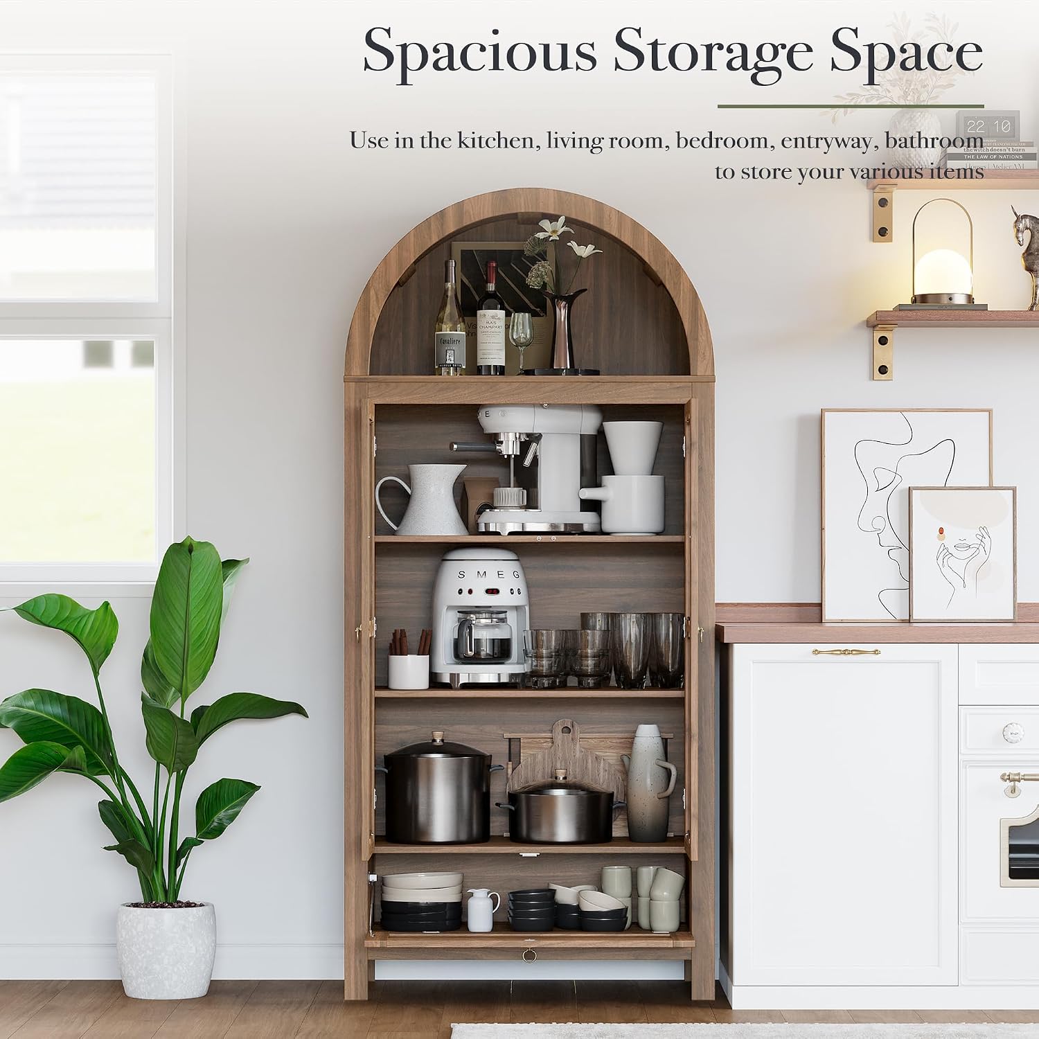 71' Tall Arched Kitchen Pantry Cabinet, Modern Farmhouse Hutch Storage Cabinets with Large Drawer and Glass Doors for Kitchen, Dining Room, Living Room, Natural