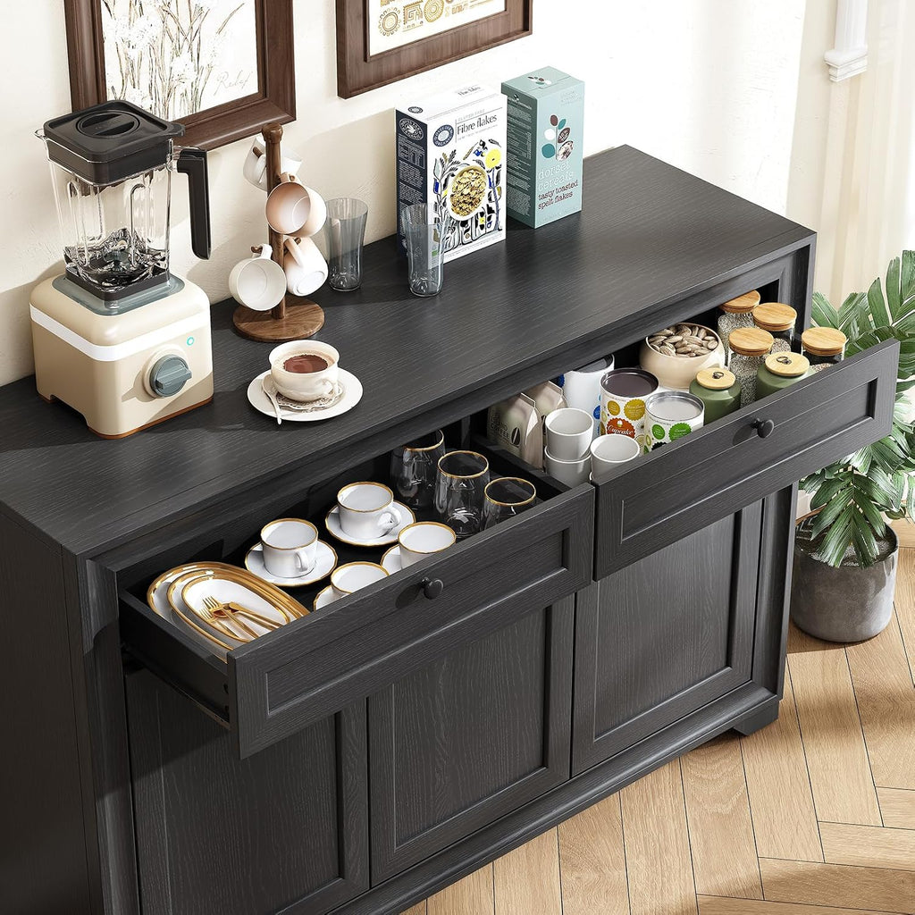 ONBRILL 48 Inches Sideboard Buffet Cabinet with Storage, Farmhouse Sideboard with 2 Drawers and 3 Doors, Wood Coffee Bar Cabinet with Adjustable Shelves for Living Room, Kitchen, Hallway, Black