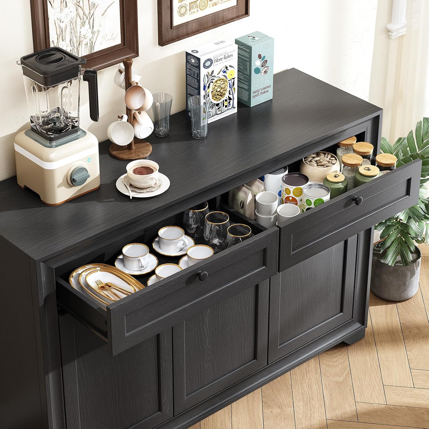 ONBRILL 48 Inches Sideboard Buffet Cabinet with Storage, Farmhouse Sideboard with 2 Drawers and 3 Doors, Wood Coffee Bar Cabinet with Adjustable Shelves for Living Room, Kitchen, Hallway, Black