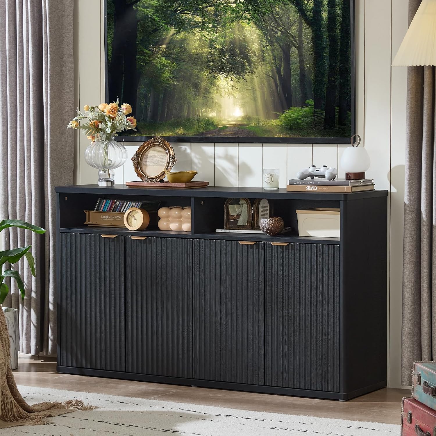 LEYAOYAO Fluted Buffet Cabinet with Storage, 55' Wide Wood Sideboard Credenza with 4 Doors & Open Storage Shelf, Modern Kitchen Console Accent Cabinets, Coffee Bar Table for Dining Room, Black Oak
