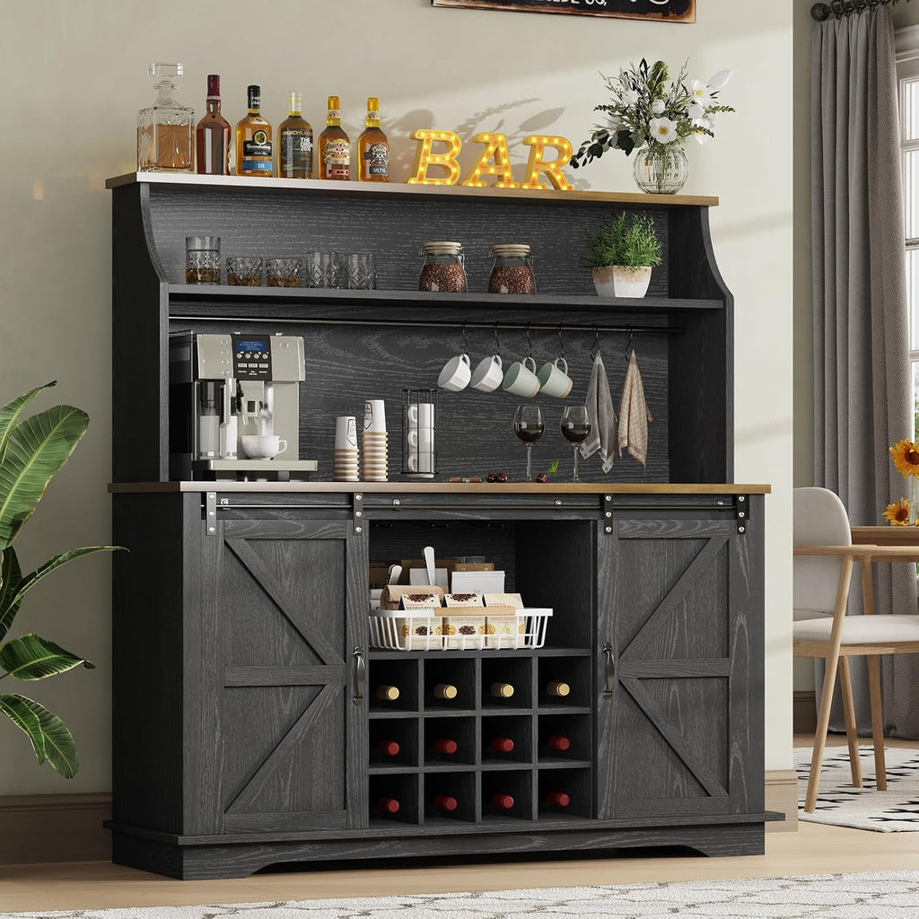 55 Inch Farmhouse Coffee Bar Cabinet with 3-Tier Enclosed Storage Cabinet, Kitchen Hutch with 12 Wine Racks & 3 Glass Holders, Coffee Bar with 6 Hooks, Wood Furniture for Dining Living Room, Black