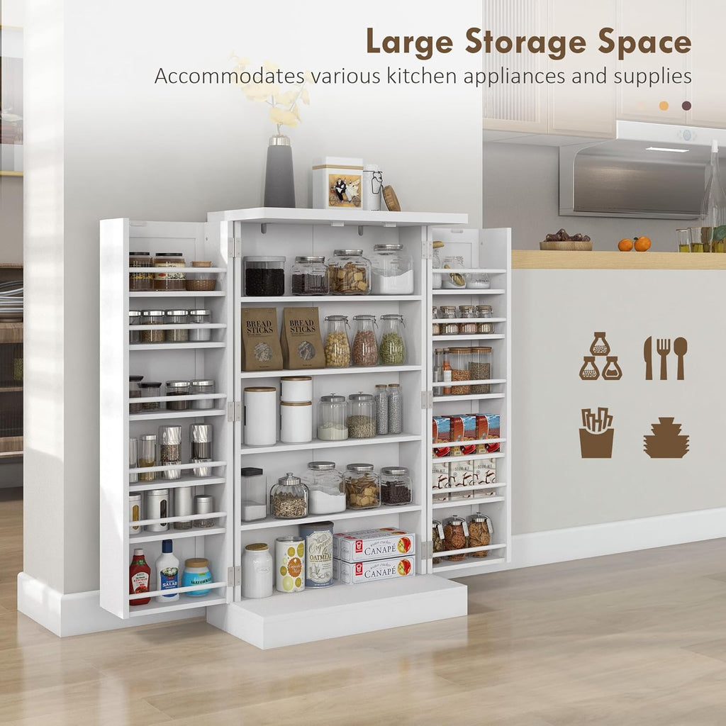 HOMCOM 41' Kitchen Pantry Storage Cabinet, Freestanding Kitchen Cabinet with 12 Door Shelves, Double Doors, 5-Tier Shelving and Adjustable Shelves, Painted White