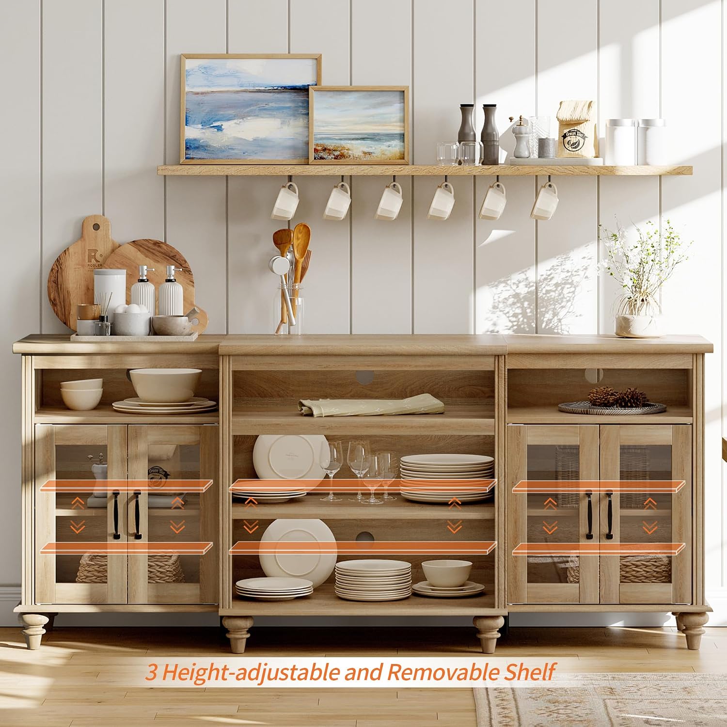 WAMAPT Buffet Cabinet with 4 Glass Doors, Large Coffee Bar Tables Wood Kitchen Storage Cabinets with 9 Storages, Modern Farmhouse Sideboard Credenza, Oak, 70 inch