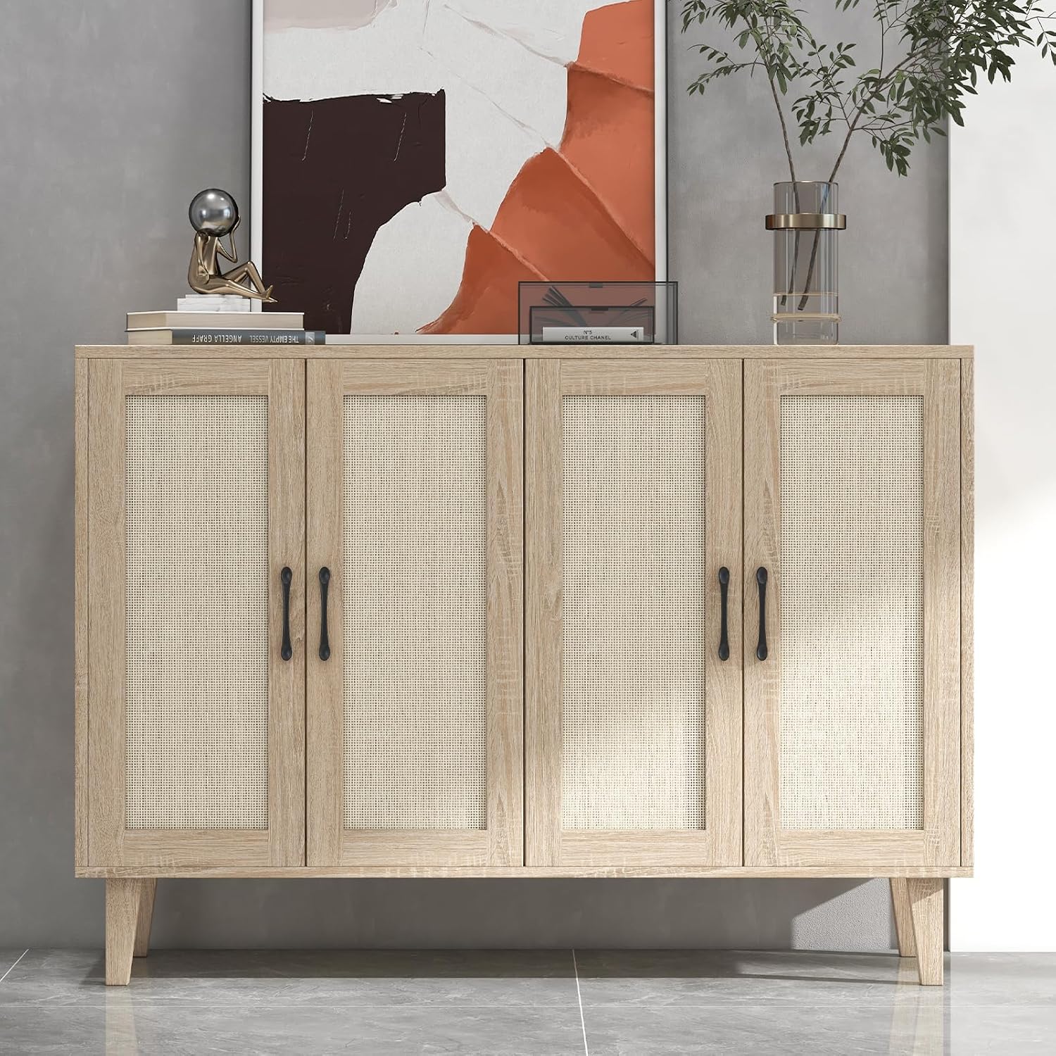 Panana Buffet Storage Cabinet with Rattan Decorating 4 Doors Living Room Kitchen Sideboard 48.43 x 34.65 x 15 inch (Natural Wood)