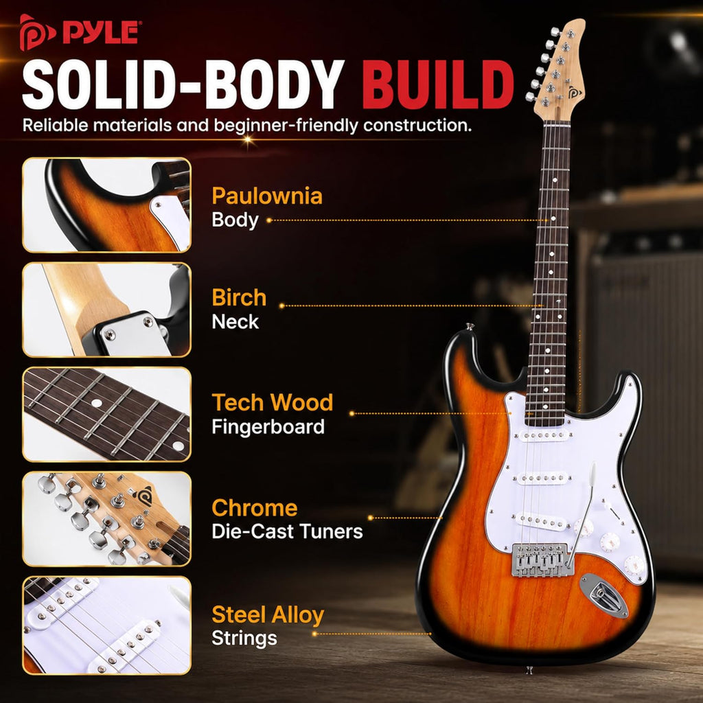 Pyle Electric Guitar and Amp Kit - Full Size 39' Complete Starter Kit with Wearable Bluetooth Amplifier, 1/4' Cable, Carry Case, Strap, Strings, Picks, Cleaning Cloth, ST-Style Pickups (Sun Burst)