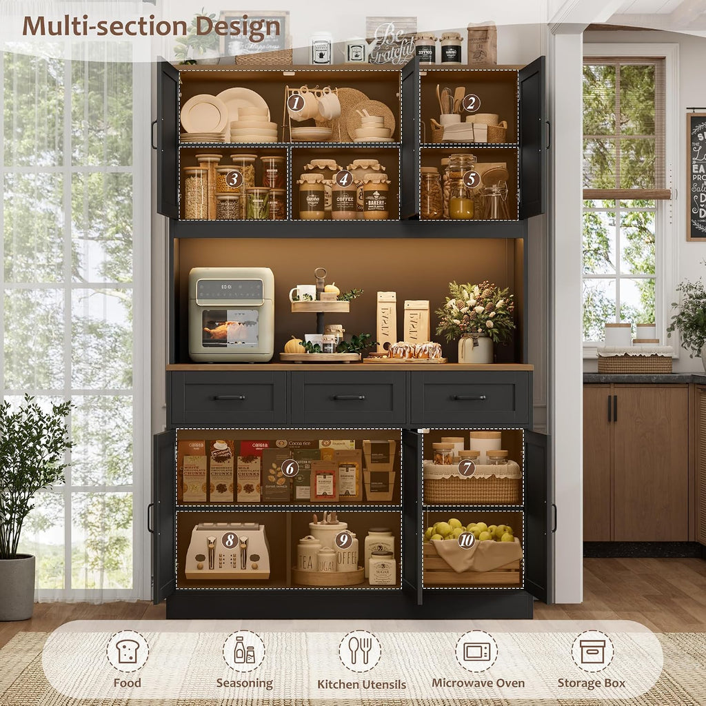HOSTACK 72' Tall Kitchen Pantry Cabinet with Charing Station | LED Lights, 47'W Kitchen Pantry Storage Cabinet with Countertop, Kitchens Hutch Cabinets with Storage for Dining Room, Black/Rustic Brown