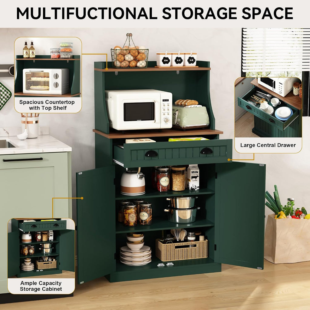 ARTPOWER 54' Kitchen Microwave Cabinet/Stand with Storage and Drawers, Green Pantry Storage Cabinet with Hutch & Adjustable Shelves for Kitchen, Dining Room, Living Room, Hallway