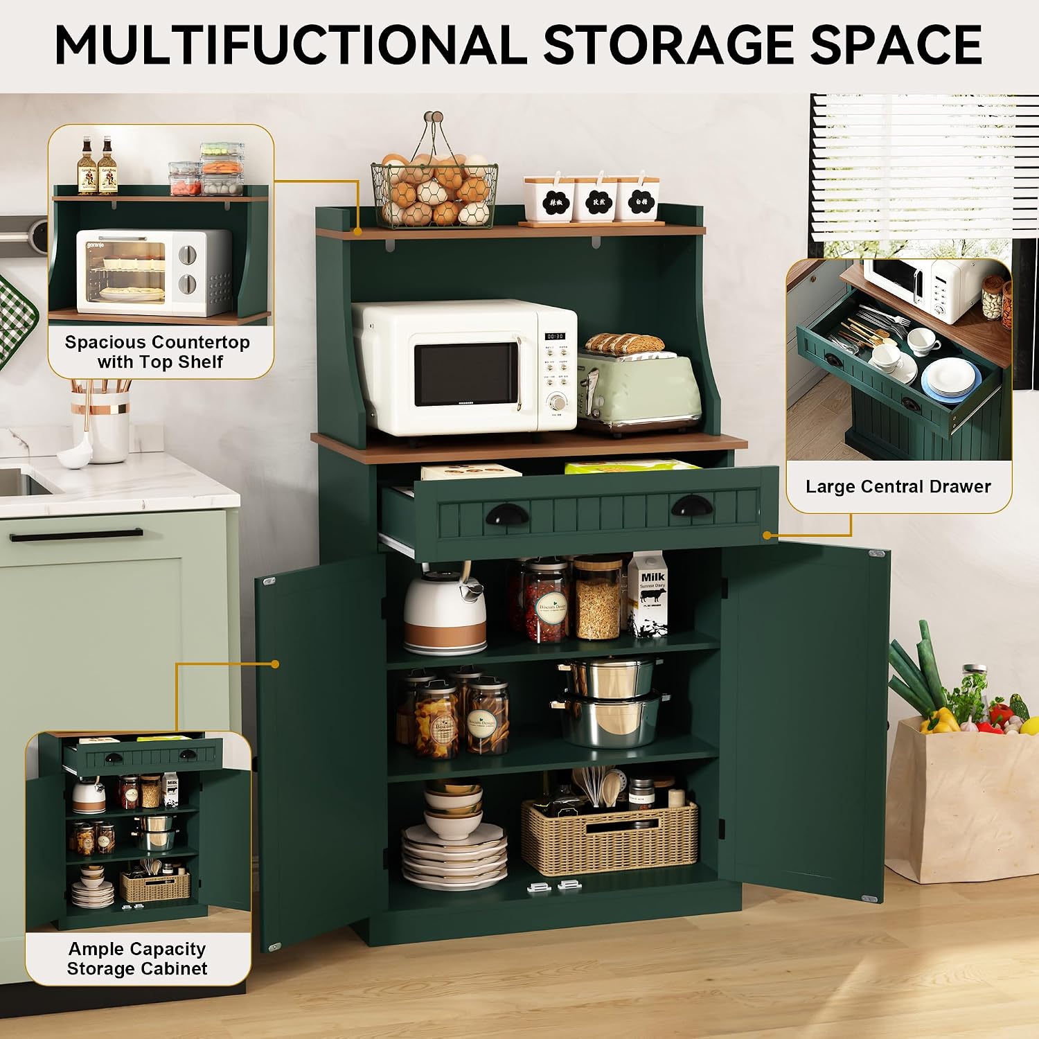ARTPOWER 54' Kitchen Microwave Cabinet/Stand with Storage and Drawers, Green Pantry Storage Cabinet with Hutch & Adjustable Shelves for Kitchen, Dining Room, Living Room, Hallway