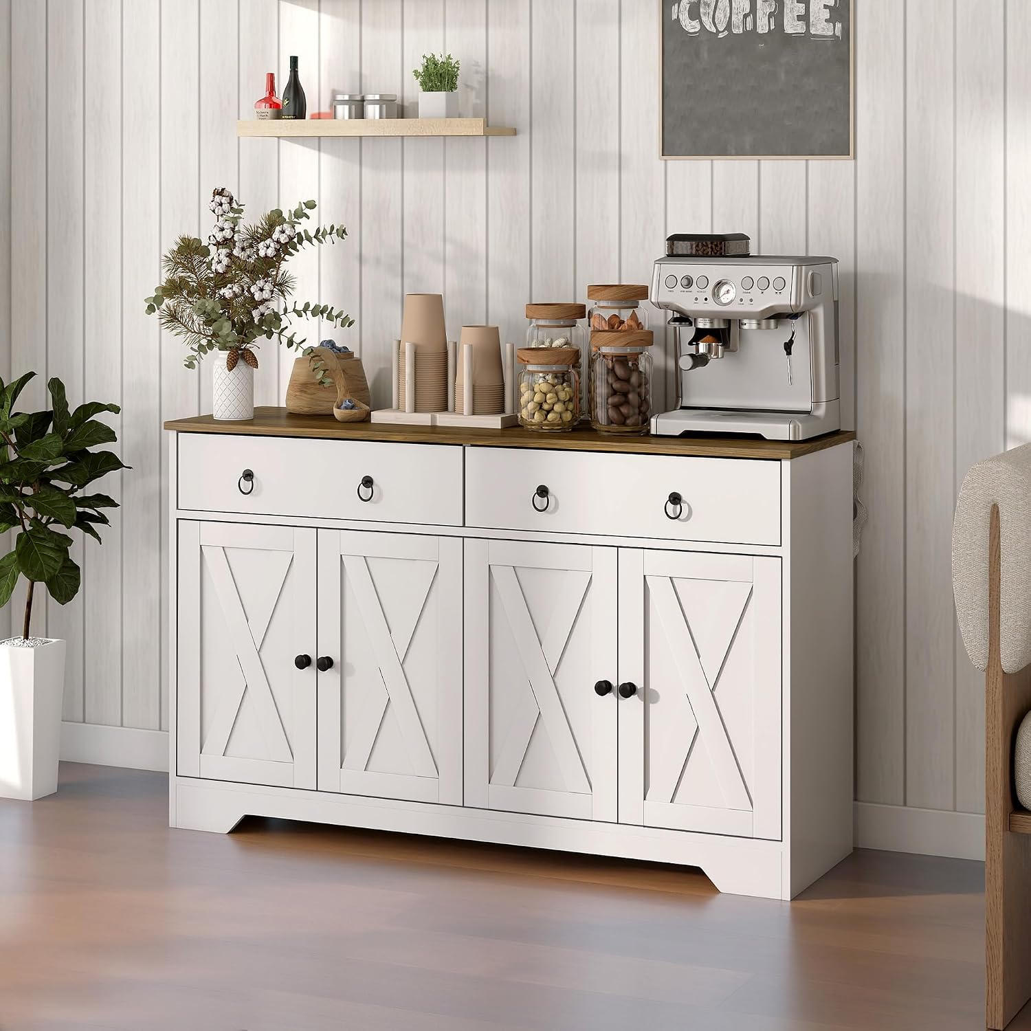 HOMCOM 48' Sideboard Buffet with Storage, Kitchen Storage Cabinet with 2 Drawers and 4 Barn Doors, Farmhouse Coffee Bar Cabinet with Adjustable Shelves, White