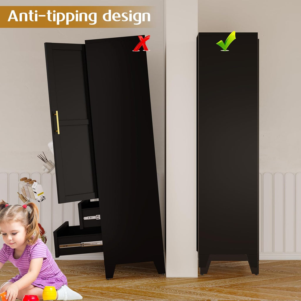 GAIOUS Steel Pantry Cabinet, 71' Metal Storage Cabinets with 2 Doors, 2 Adjustable Shelf and 2 Drawers, Freestanding Storage Cabinet for Bedroom, Kitchen, Home Office (Black)