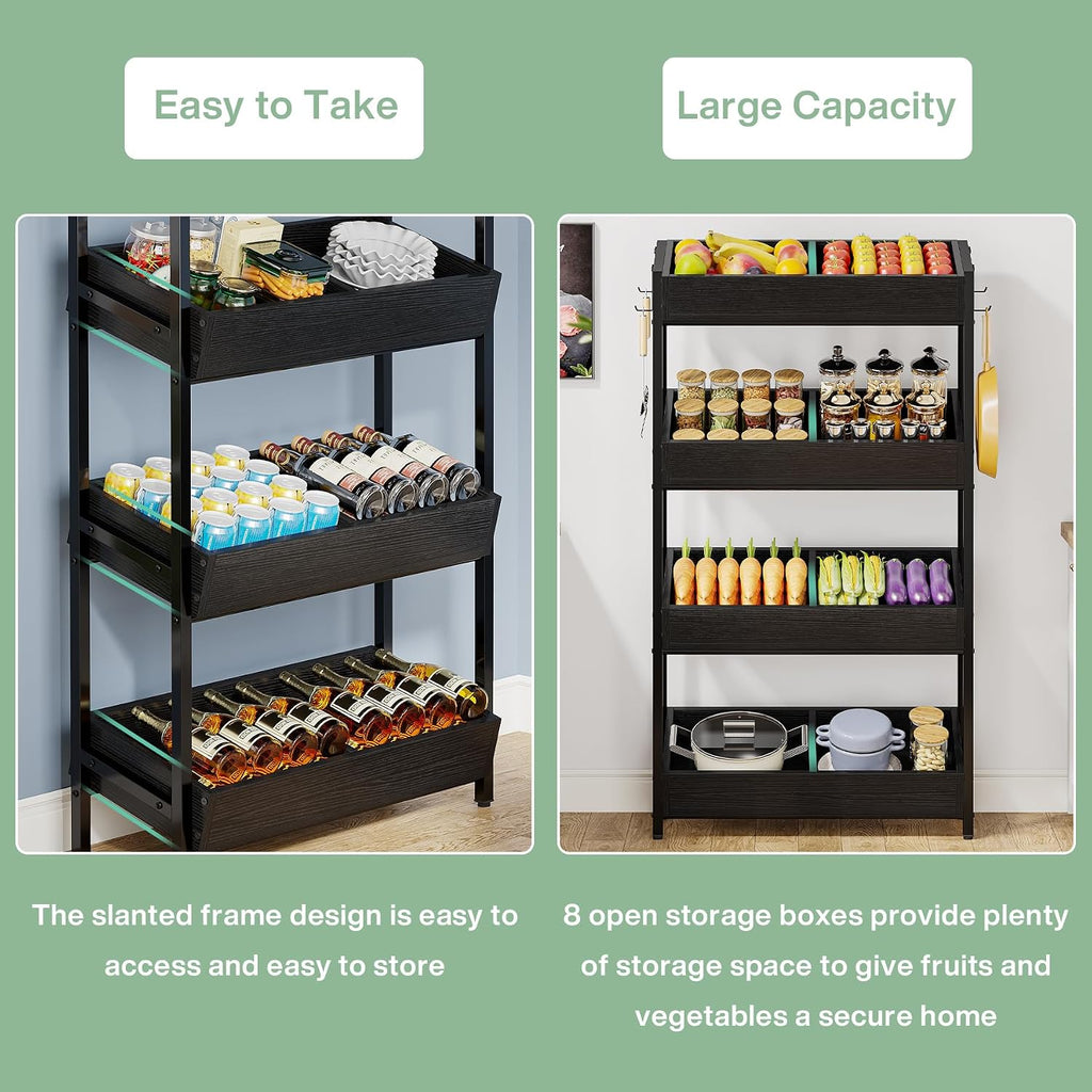 Tribesigns Wood Fruit and Vegetable Basket Stand Rack for Kitchen, Office, Store, Supremarket, Pantry Shelf Unit for Snacks, Cookies, Candies, 4-Tier Wooden Utility Storage Shelves (Black, 2PCS)
