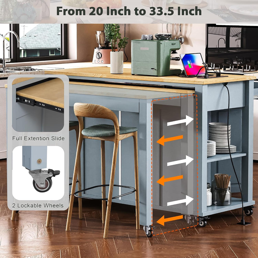 47' Kitchen Island with Extendable Dining Table, Rubber Wood Veneer Kitchen Table with Internal Storage Rack, Power Outlet, 2 Drawers, 2 Cabinet for Kitchen, Dining Room, Grey Blue