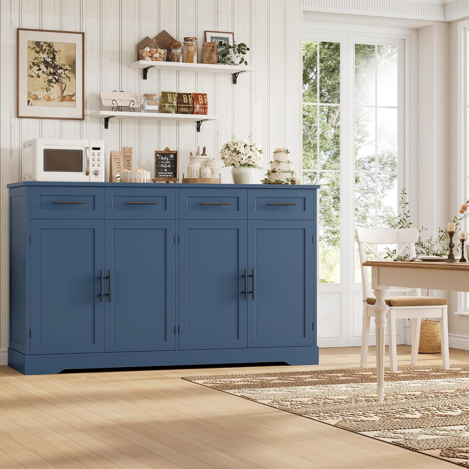 HOSTACK 60' Large Buffet Sideboard with Storage, 36' Tall Kitchen Buffet Storage Cabinet with 4 Drawers, Modern Coffee Bar Cabinet with Black Handles, Long Sideboard Buffet Table for Kichen, Blue