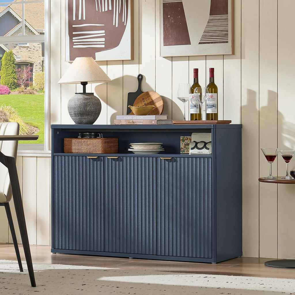 LEYAOYAO Fluted Buffet Cabinet with Storage, 45' Wide Wood Sideboard Credenza with 3 Doors & Open Storage Shelf, Modern Kitchen Console Accent Cabinets, Coffee Bar Table for Dining Room, Dark Blue