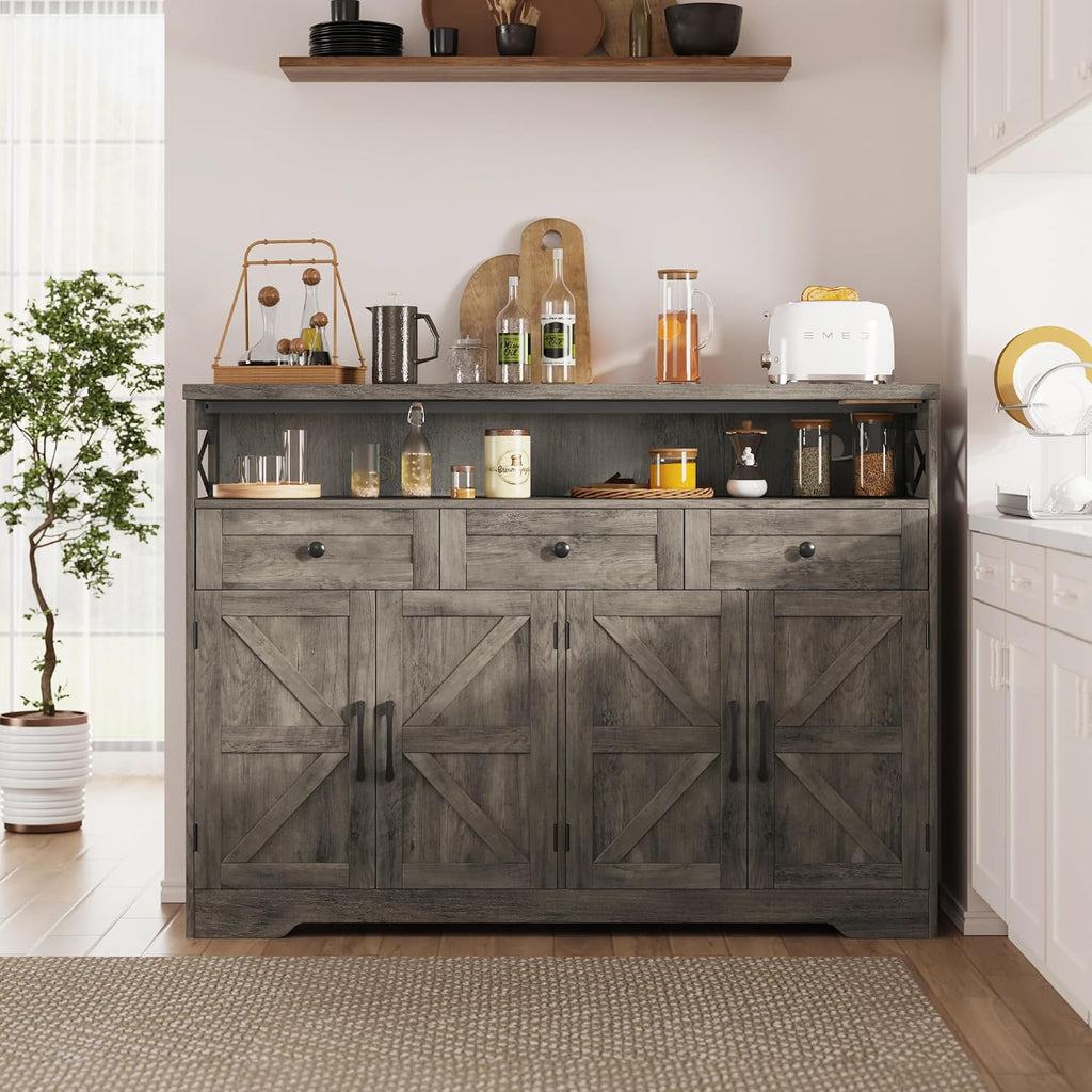 FiveWillowise 51' Farmhouse Buffet Sideboard with Storage, Kitchen Pantry Cabinet with Storage Drawers, Wood Cupboard Hutch, Coffee Bar Station Table for Kitchen, Living Room, Dining Room, Grey