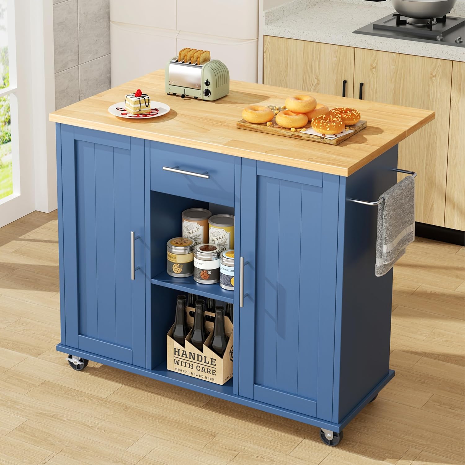 JY QAQA 42' Kitchen Island with Storage on Wheels, Rolling Table with Drop Leaf, Drawers, Cart Handle for Towel Rack or Free Movement, Blue