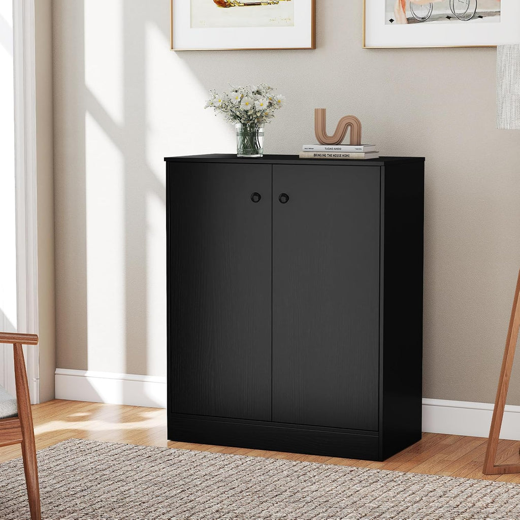 LOKO 2-Door Storage Cabinet, Modern Floor Cabinet with 3-Tier Shelf, Freestanding Side Cabinet with Anti-Toppling Device, Storage Organizer for Living Room, Kitchen, Dining Room, Entryway (Black)