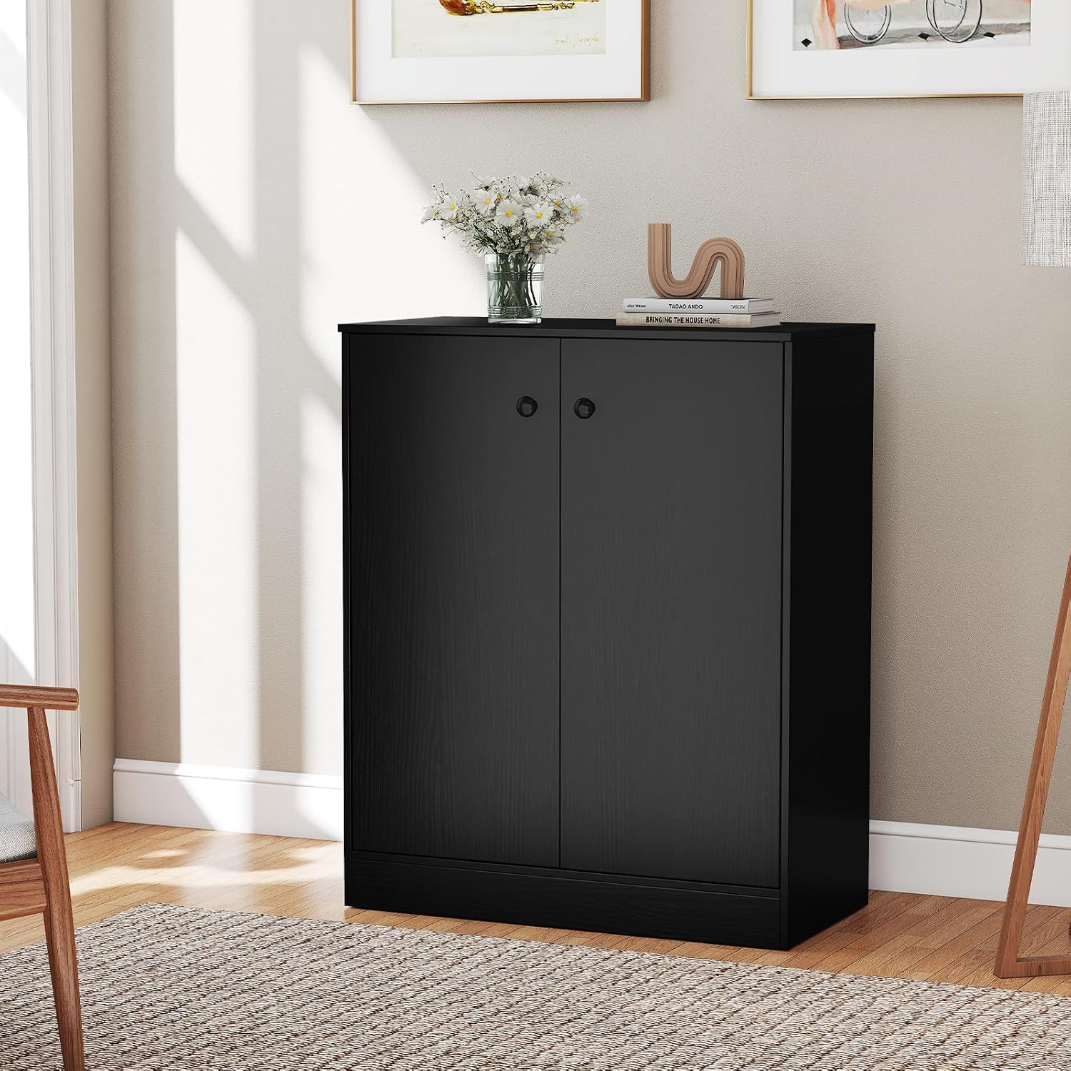 LOKO 2-Door Storage Cabinet, Modern Floor Cabinet with 3-Tier Shelf, Freestanding Side Cabinet with Anti-Toppling Device, Storage Organizer for Living Room, Kitchen, Dining Room, Entryway (Black)