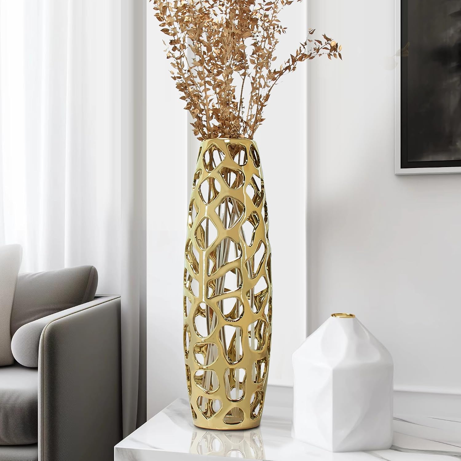 Ceramic Vase Large Floor Vase Handmade Ceramic Flower Holder Hand Carved Sophisticated Vessel for Decorative Branches and Dried Flowers 24 Inches Gold