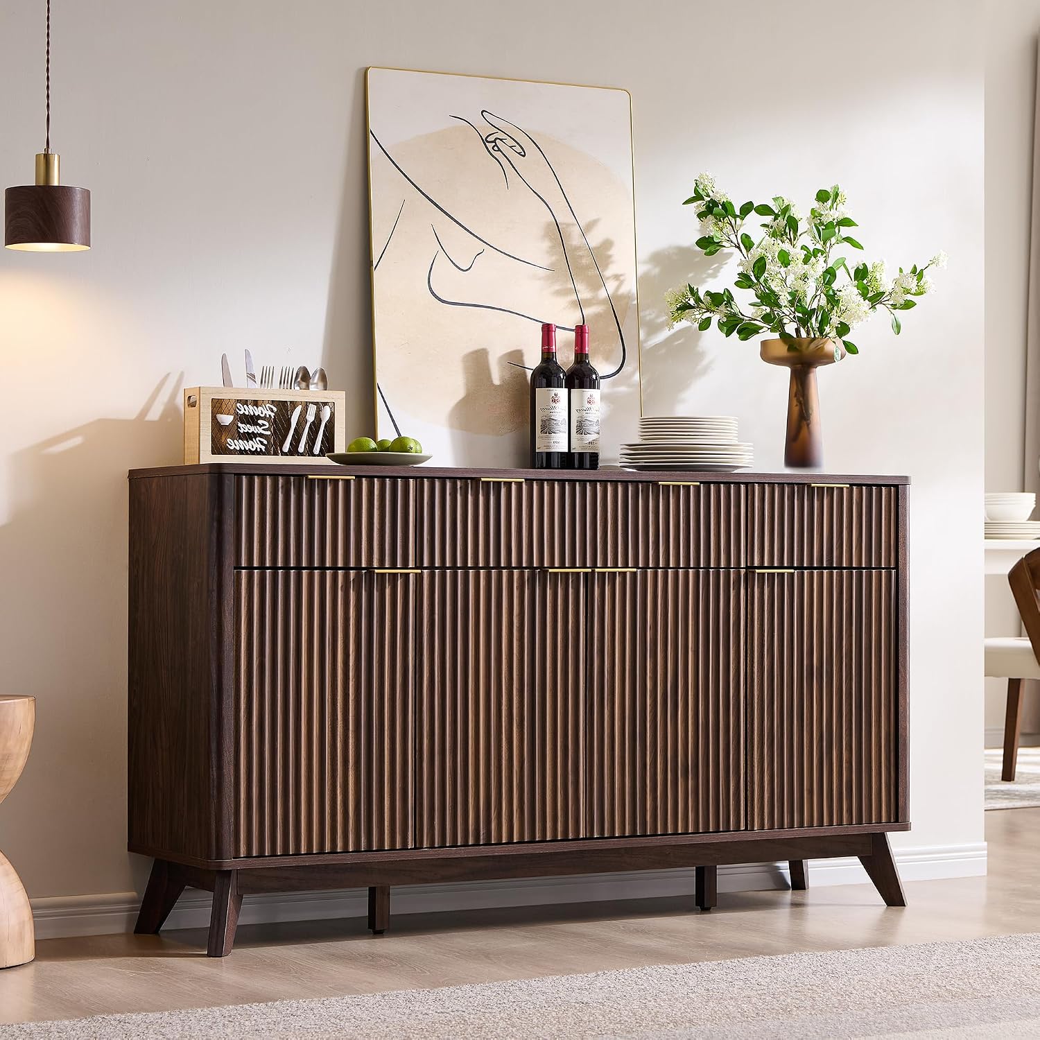 OKD Fluted Storage Cabinet with Drawers, 60' Morden Buffet Sideboard Coffee Bar Cabinet with 4 Doors and 3 Drawers for Dining Room, Living Room,Hallway (Dark Walnut)