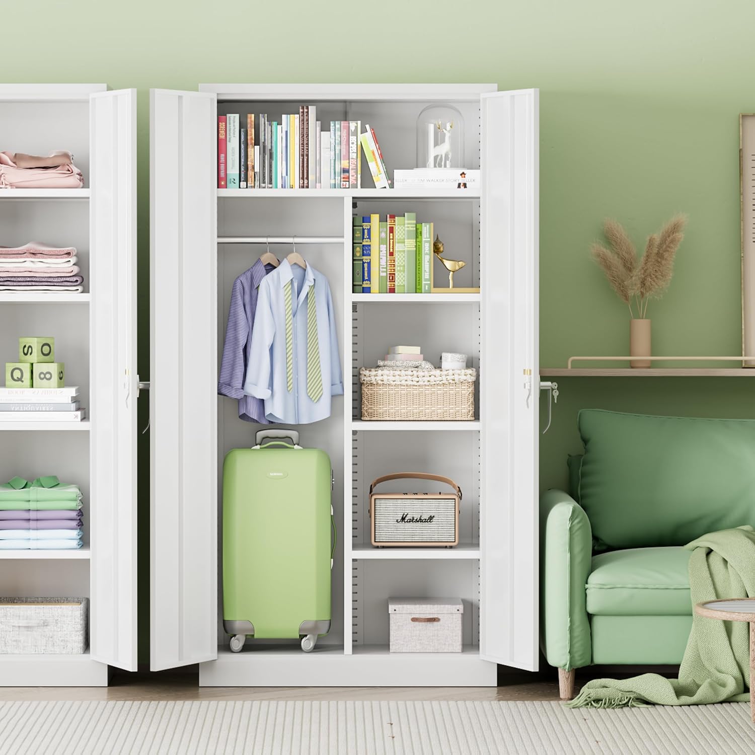 INTERGREAT Metal Wardrobe Closet, 72' Locking Storage Wardrobe Cabinet with Doors and Shelves, 18' D x 36' W Steel Clothes Storage Cabinets for Office, Home, School, Gym（White）